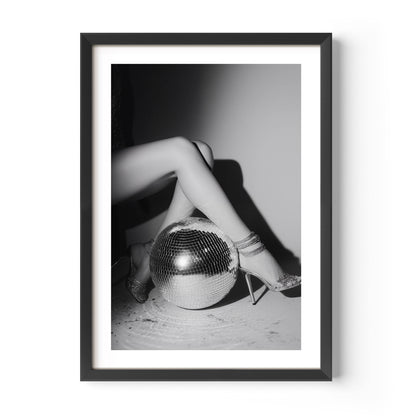 Bring the party home with this glamorous black-and-white fine art print featuring glittering heels and a disco ball. Perfect for bold, stylish interiors.