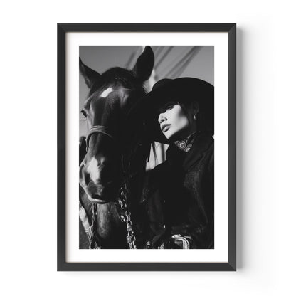 Elevate your space with Shadows of the West, a dramatic black-and-white cowboy and horse portrait. A timeless fine art print for western and equestrian enthusiasts.