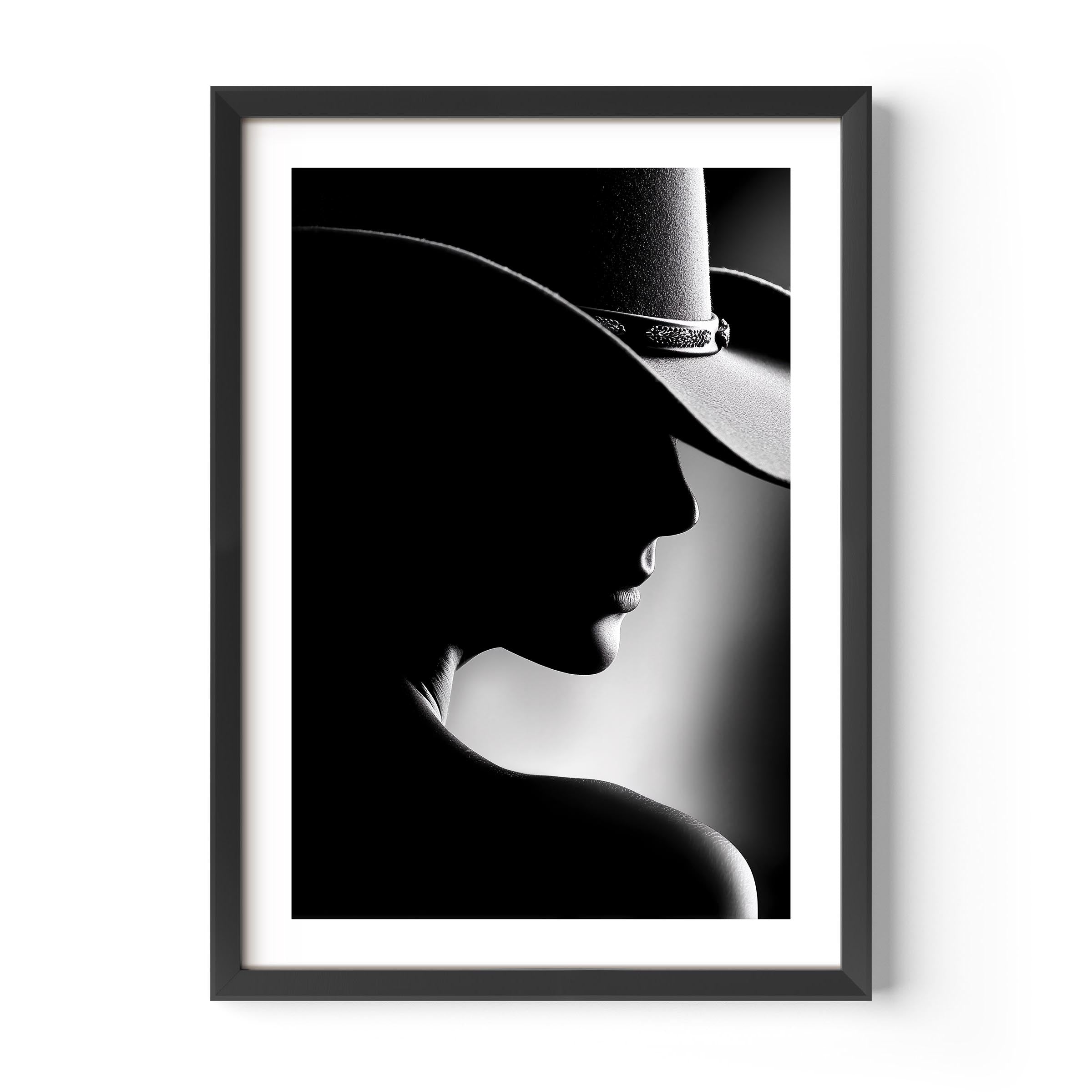 Discover Noir Reverie, a luxurious black-and-white silhouette portrait blending western charm with timeless elegance.