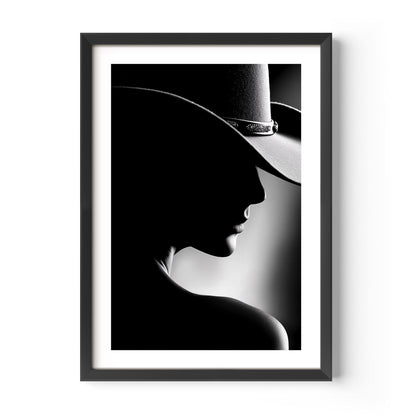 Discover Noir Reverie, a luxurious black-and-white silhouette portrait blending western charm with timeless elegance.