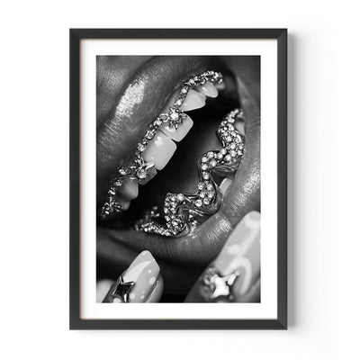 black woman with diamond teeth, black and white fine art print, wall decor, interior design, wall art.