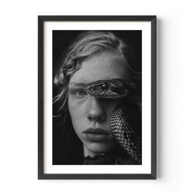 black and white fine art print of a young girl with a snake, wall art, home decor, painting, interior design