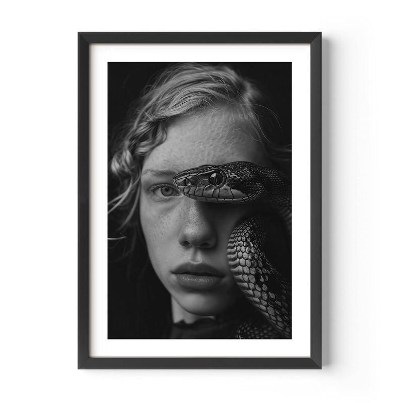 black and white fine art print of a young girl with a snake, wall art, home decor, painting, interior design