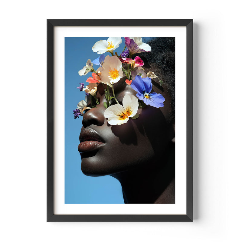 A fine art portrait of a Black woman with her face elegantly concealed by lush, blooming flowers. The artwork features soft, ethereal tones and intricate details, creating a sense of mystery and beauty. Perfect for modern and sophisticated home décor.