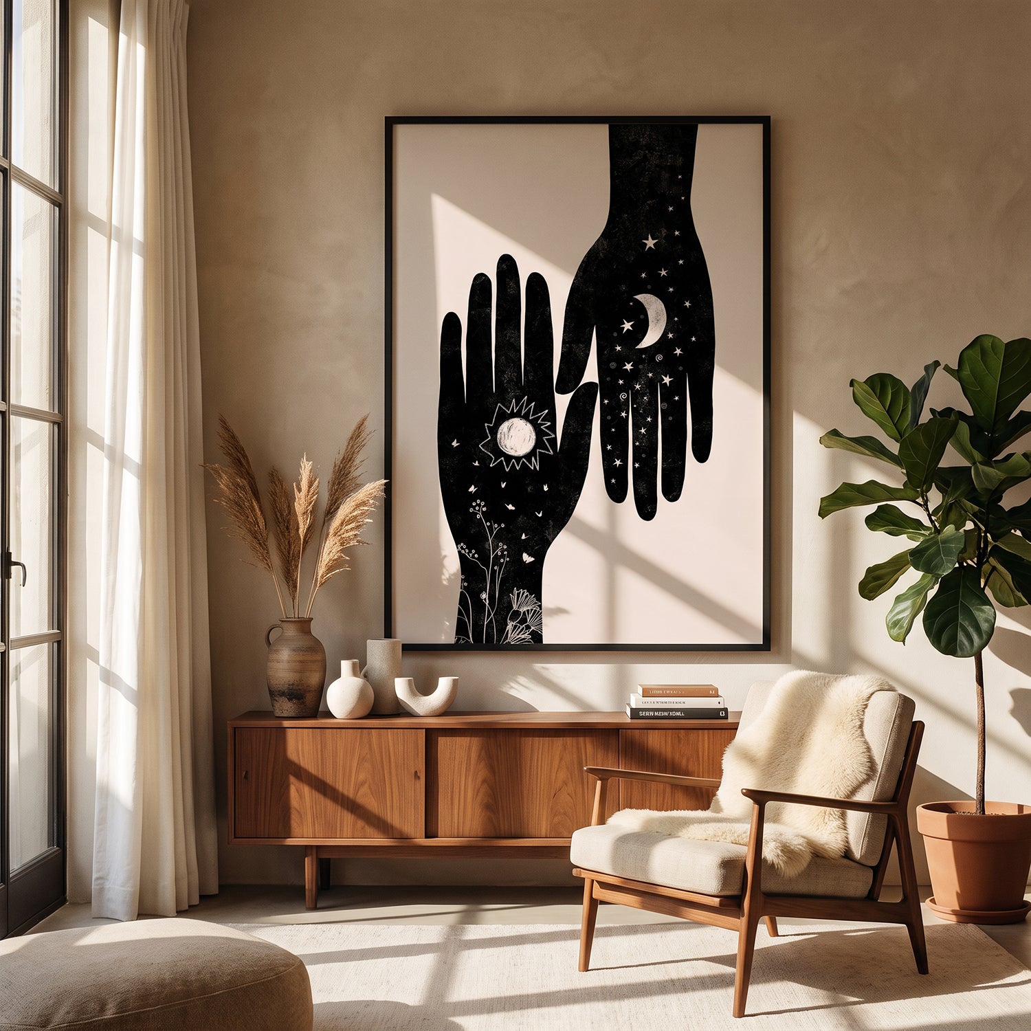 A large framed wall art print hangs above a wooden sideboard in a sunlit living room. The artwork shows two black hands with celestial and floral details on a warm off-white background.