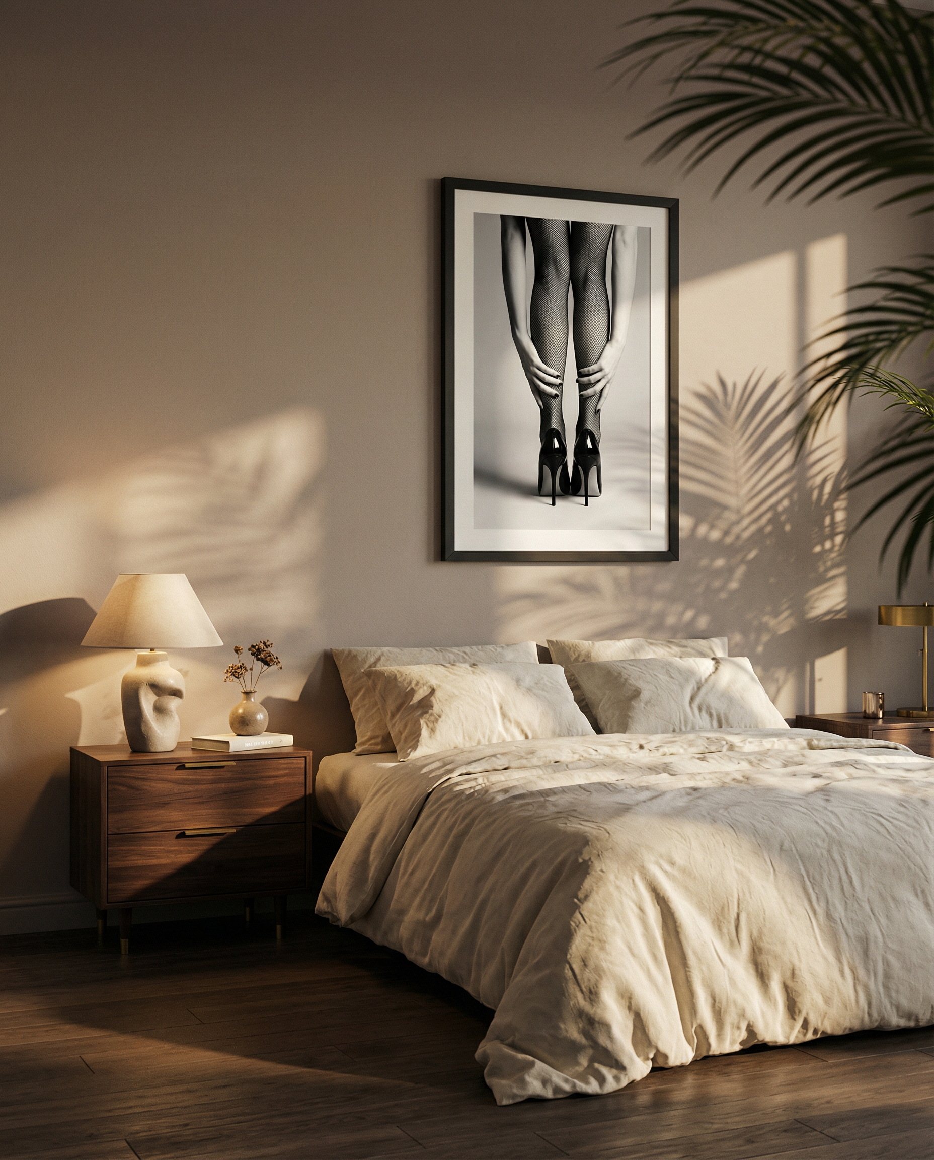 Framed black and white art print of legs wearing fishnet stockings and high heels on a gray background.
