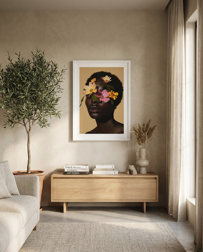 Framed warm-toned portrait wall art of a Black woman with flowers covering her eyes on a beige background, modern melanin-inspired floral print.