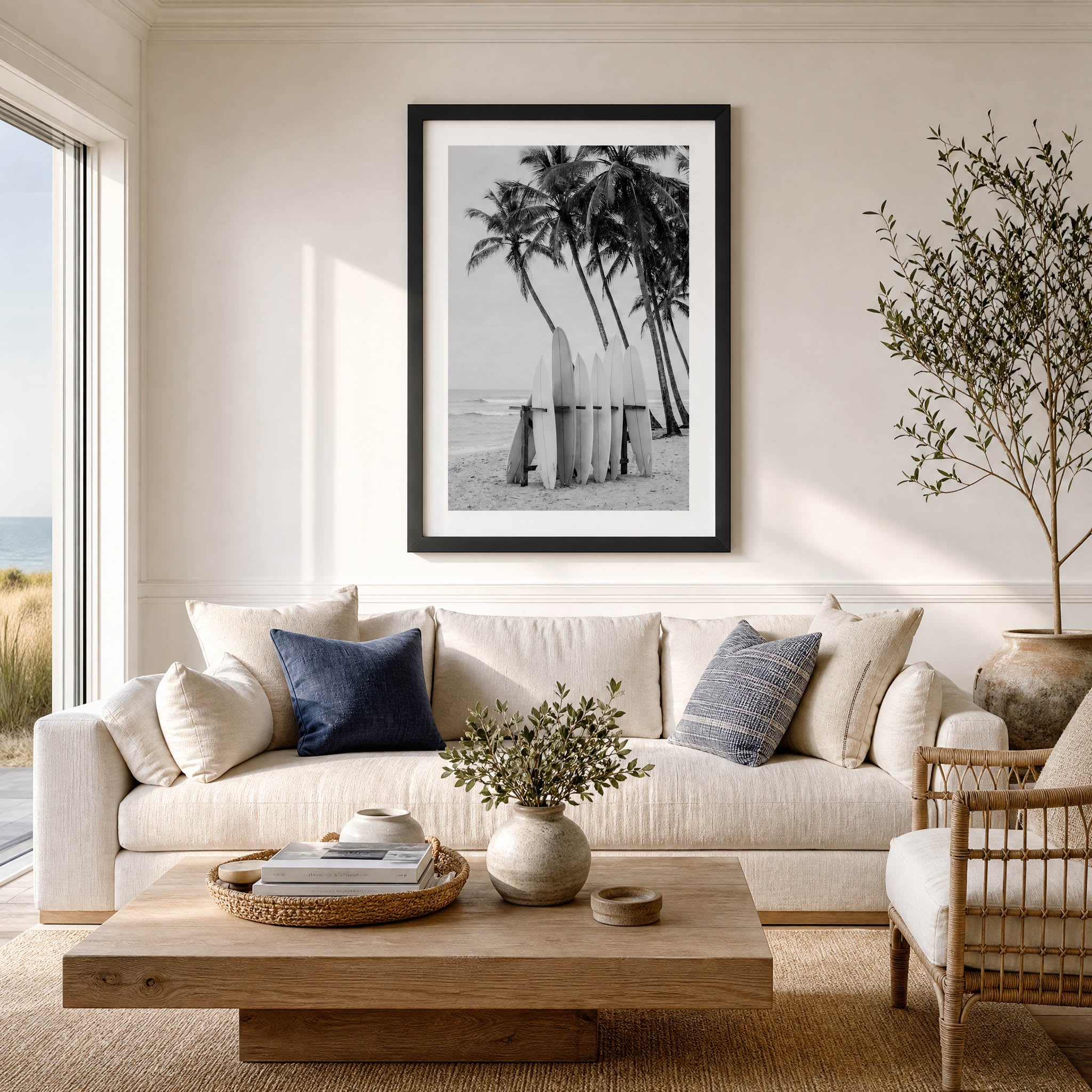 A framed black and white beach photograph with palm trees and surfboards hangs on a cream wall above a light beige sofa in a bright, modern living room.