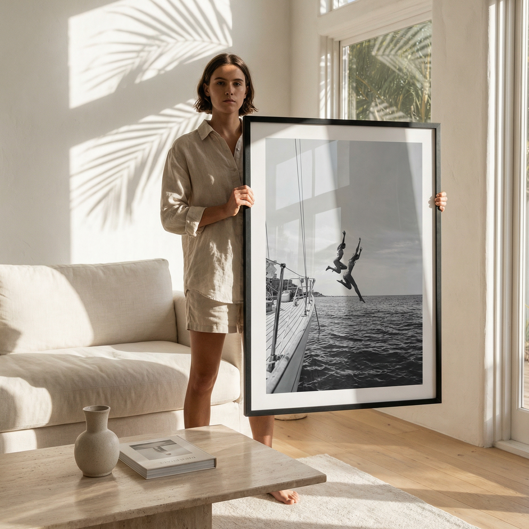 Woman holding a framed black and white photograph in a modern living room.