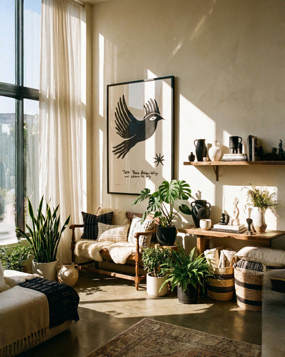 Framed art print by Eden Kalif featuring a bold black hand-drawn bird in flight on a cream background, with the handwritten text "Take These Broken Wings and Learn to Fly" and a small star motif. Printed on 230g matte paper in a black frame.