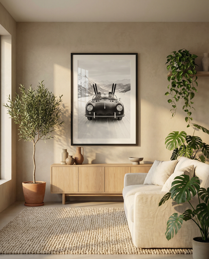 Black-and-white photo of a vintage convertible driving on a snowy mountain road, with two people inside and skis standing upright behind them, alpine peaks in the background.