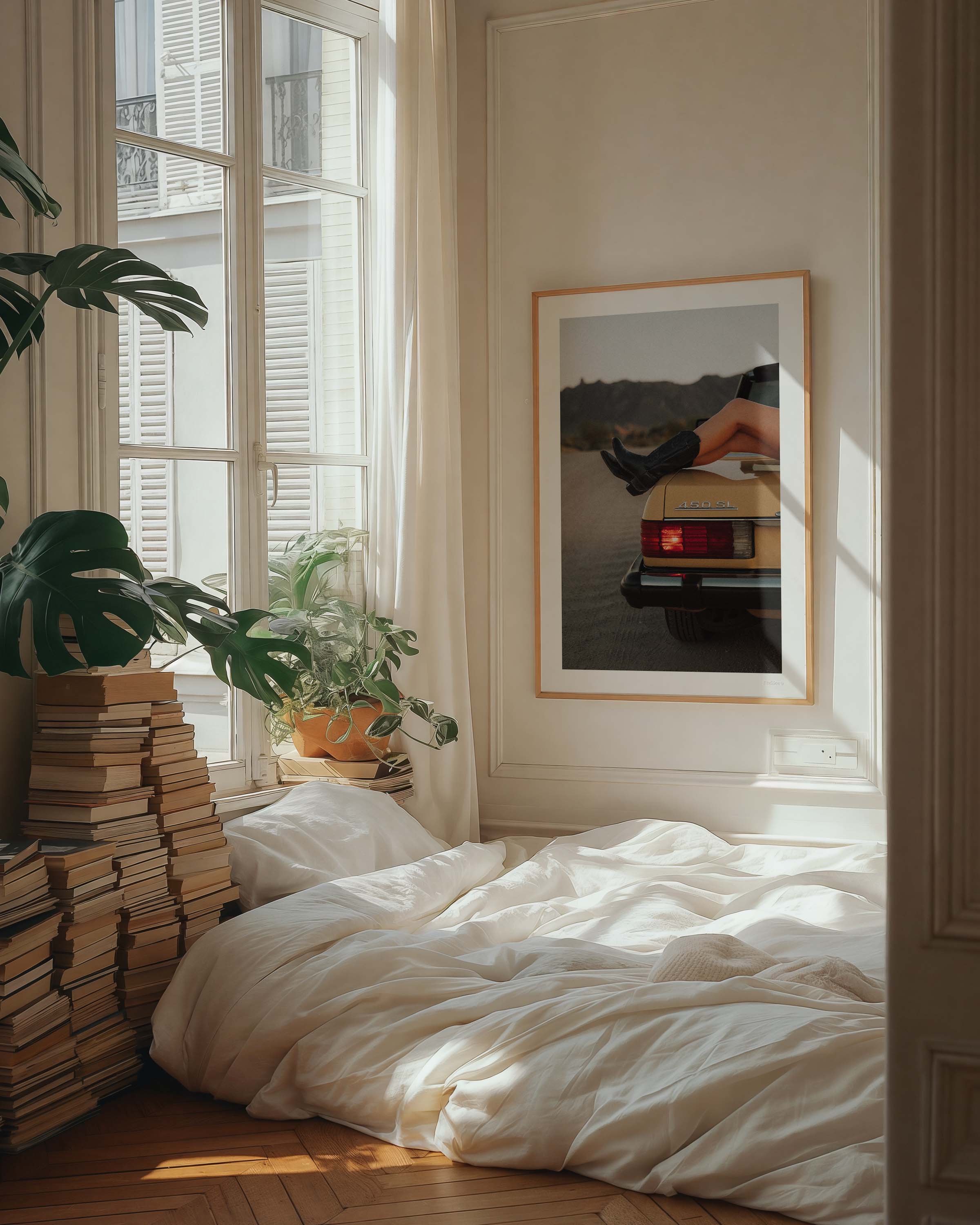 Fine art photo of the rear of a classic Mercedes 450 SL at dusk, with a person’s legs in black boots resting on the trunk and mountains in the background.