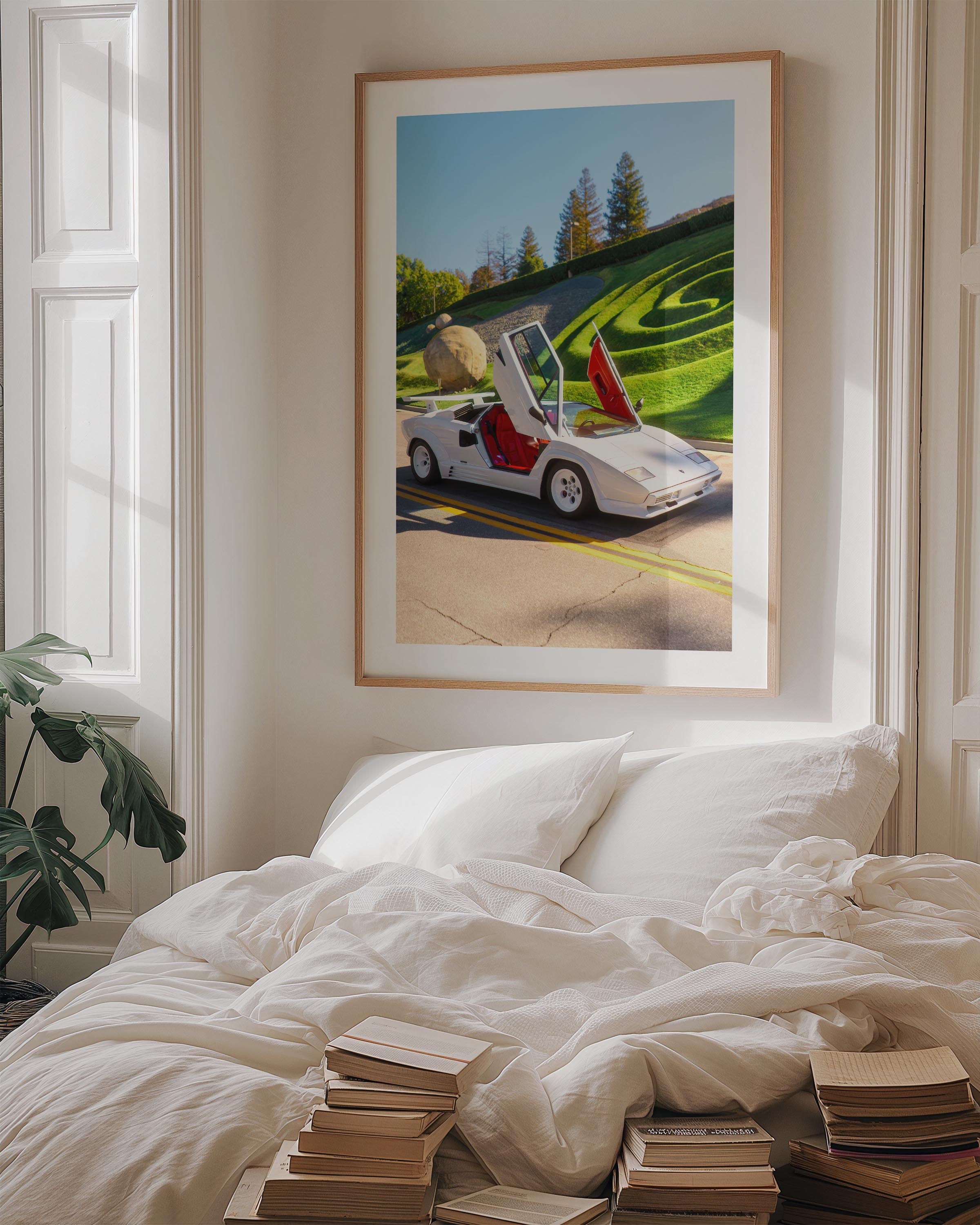 White Lamborghini Countach with scissor doors open – fine art wall print by Deston Isas, retro supercar photography for interiors.