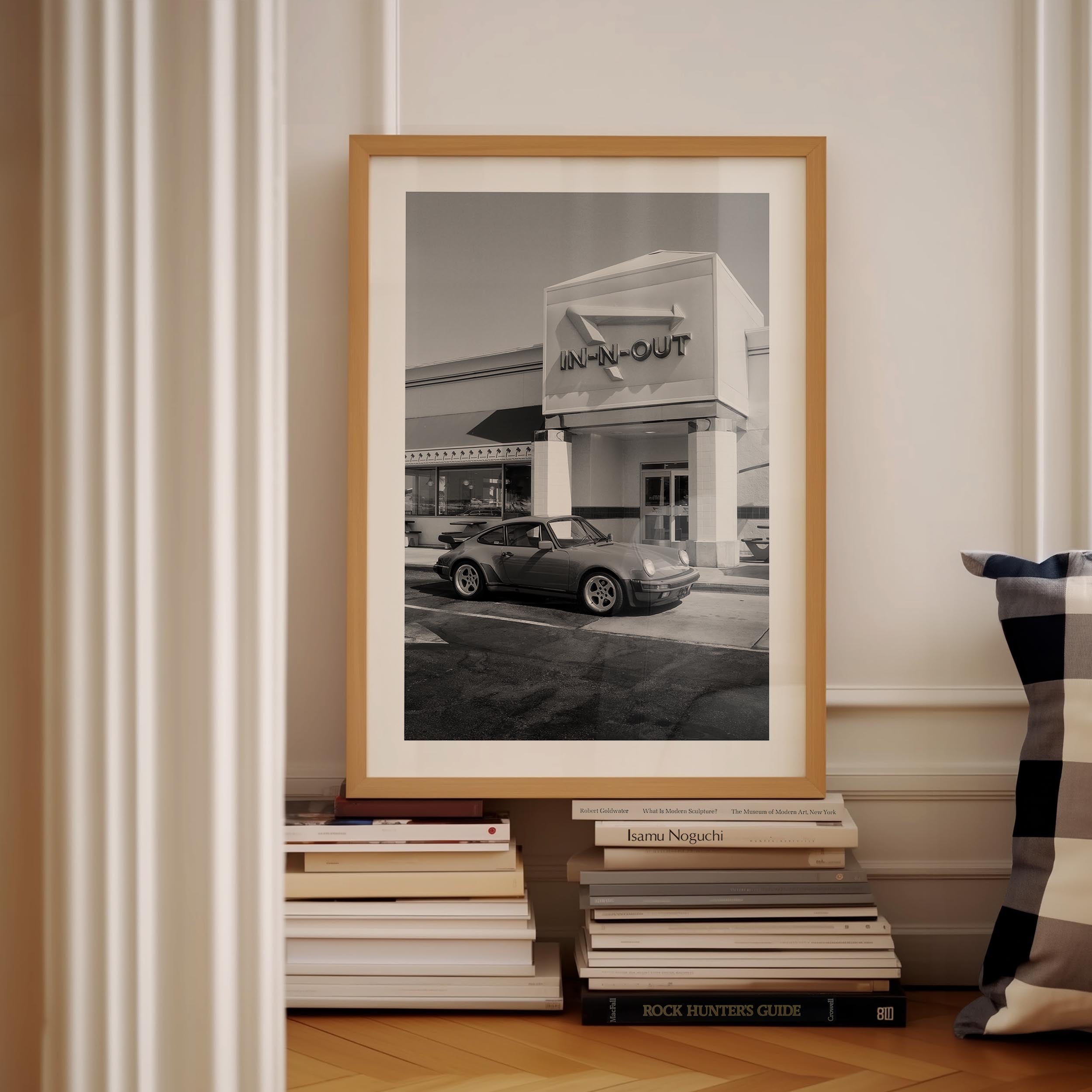 Black and white Porsche parked at In-N-Out – fine art wall print by Deston Isas.