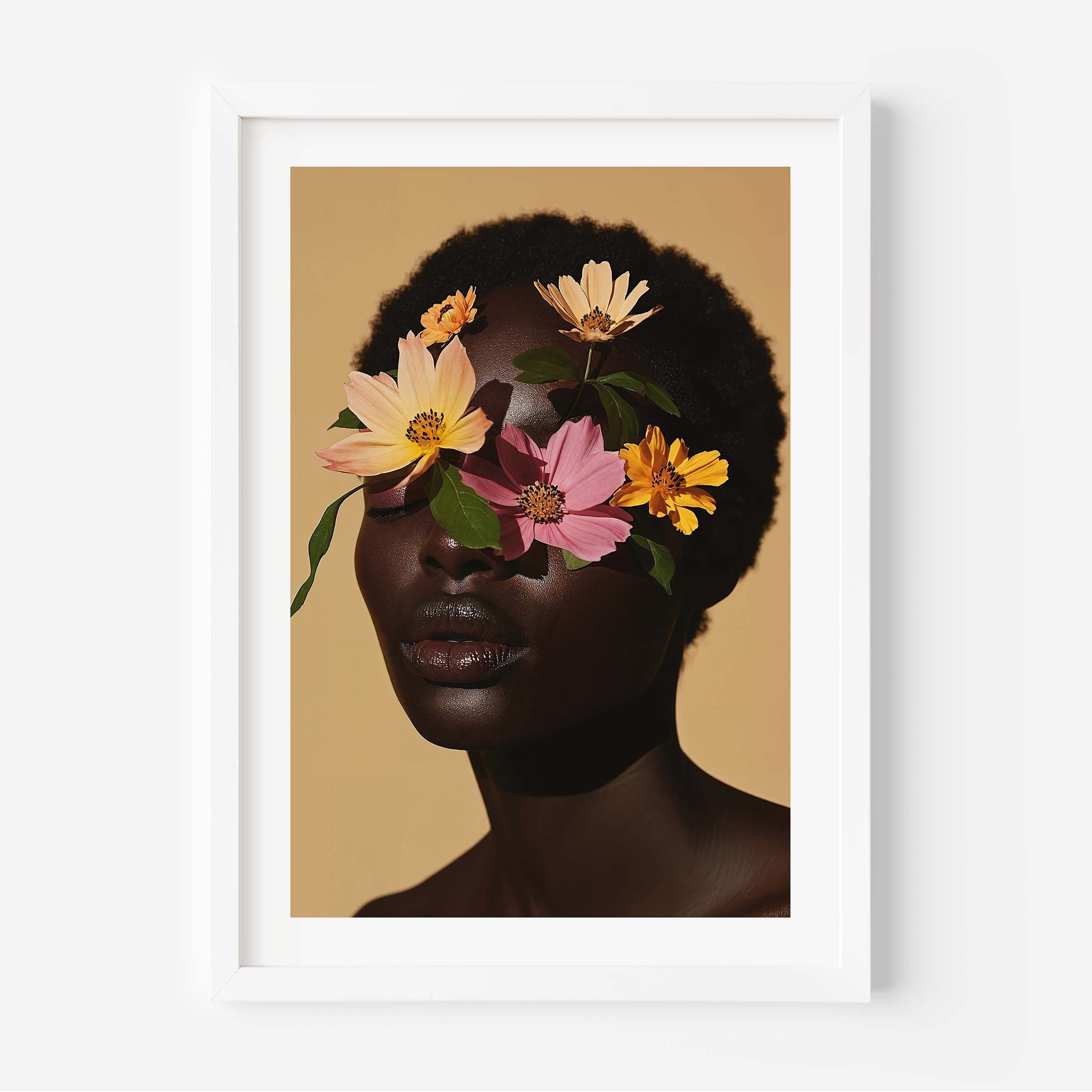 Framed warm-toned portrait wall art of a Black woman with flowers covering her eyes on a beige background, modern melanin-inspired floral print.