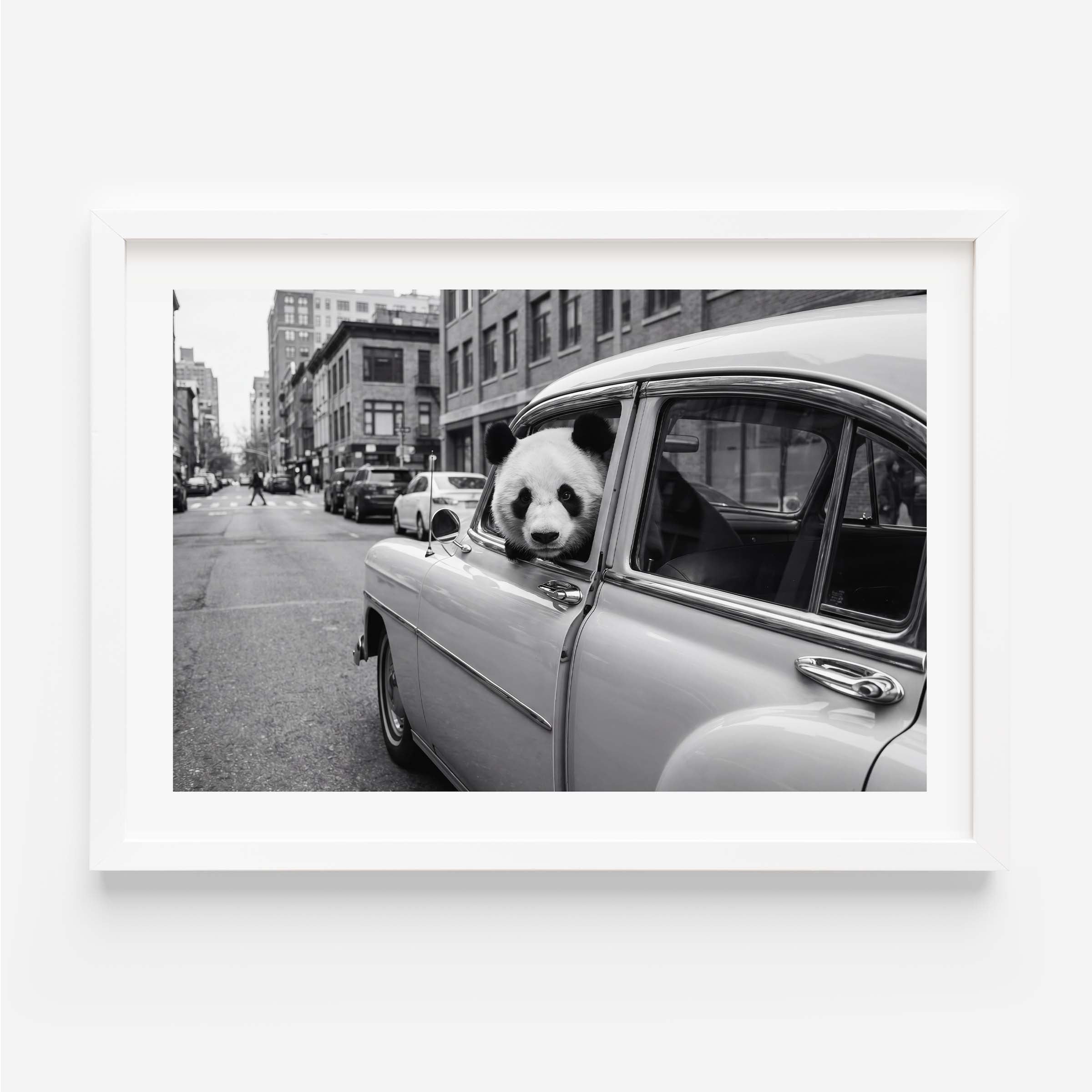 Framed black and white art print of a giant panda leaning out of a vintage classic car window on a busy city street, with urban buildings in the background. White mat border in a black frame, printed on premium 230g matte paper.