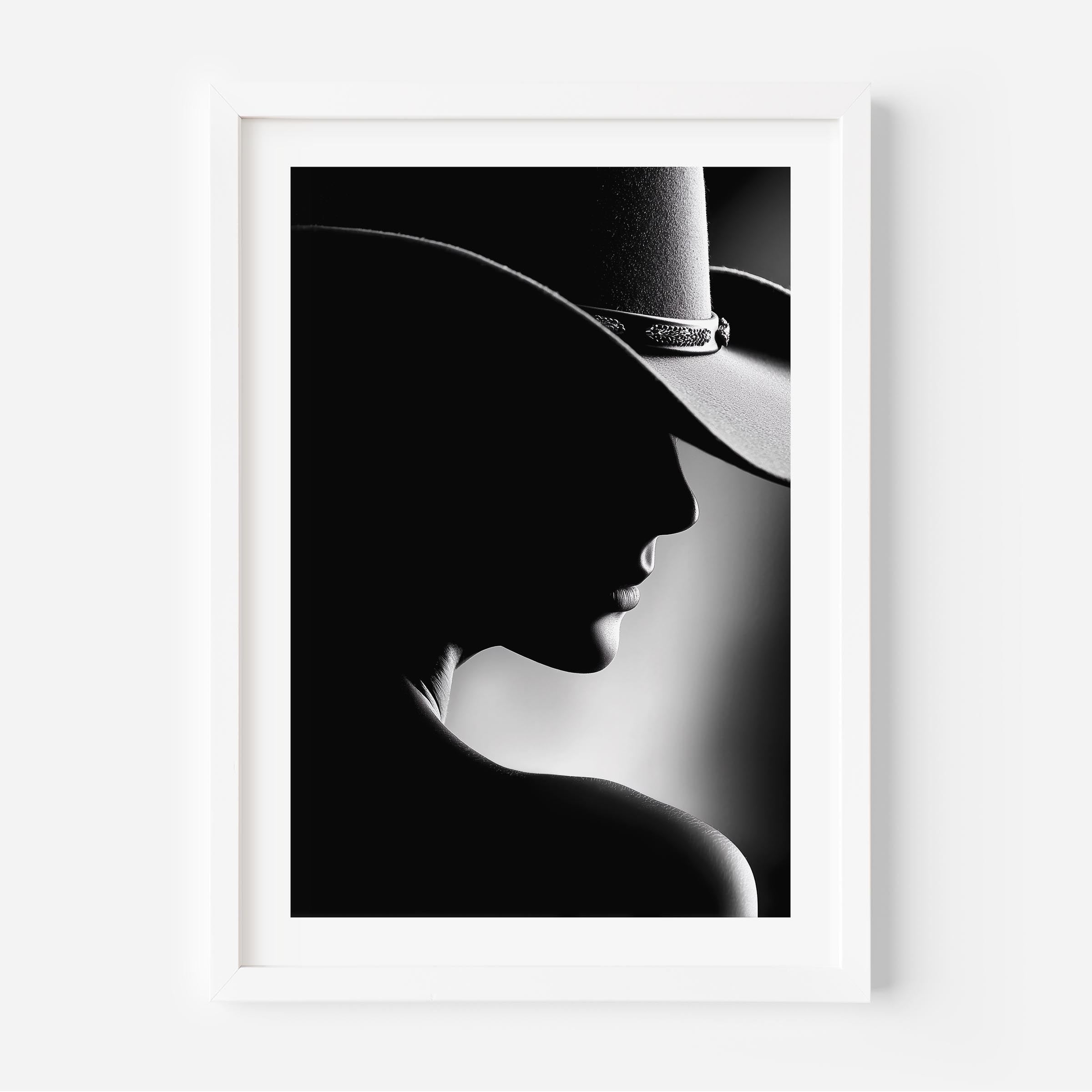Discover Noir Reverie, a luxurious black-and-white silhouette portrait blending western charm with timeless elegance.