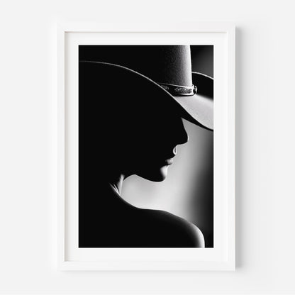 Discover Noir Reverie, a luxurious black-and-white silhouette portrait blending western charm with timeless elegance.