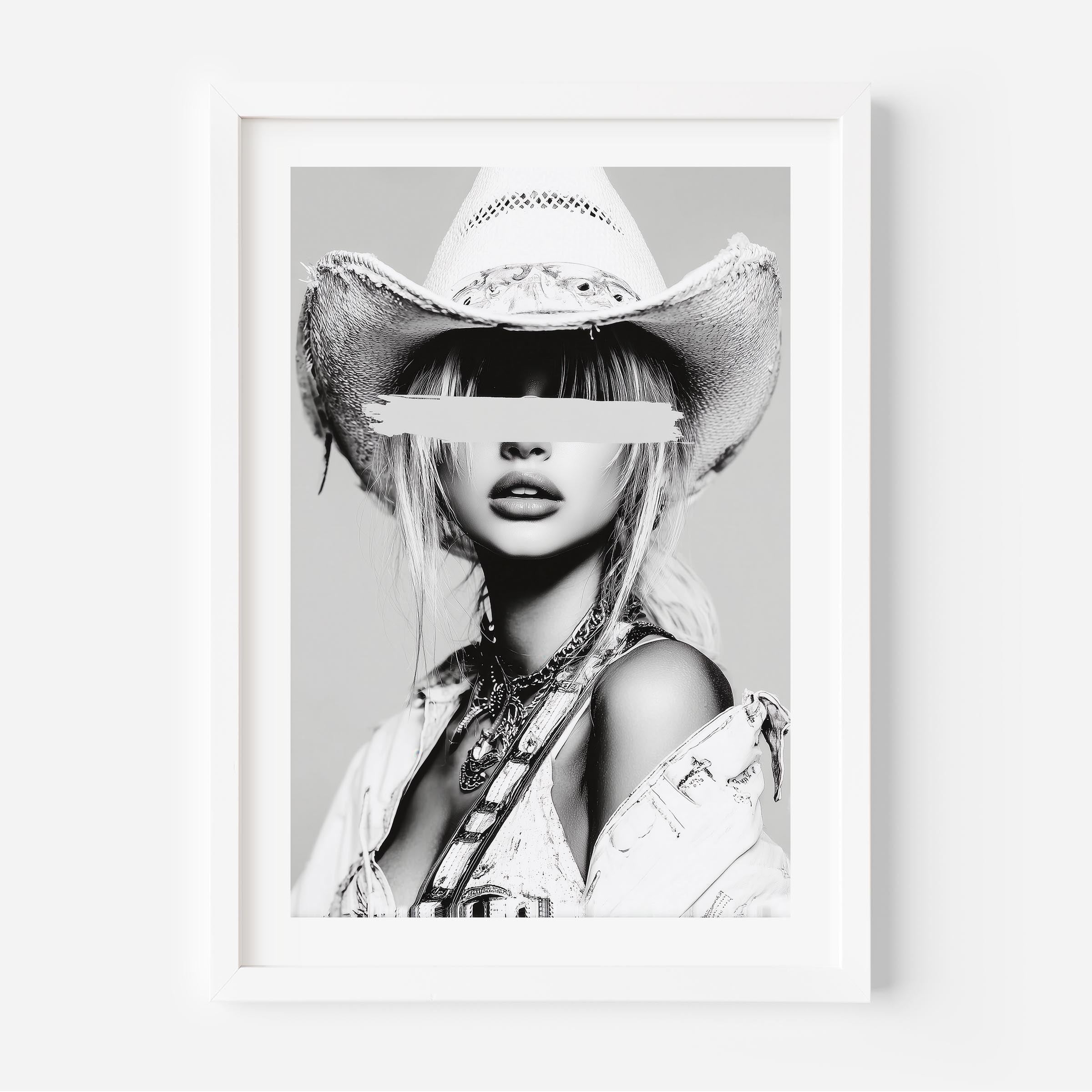 Add edge to your space with painted secrets, a luxury black-and-white cowgirl portrait blending western grit with fashion-forward allure.