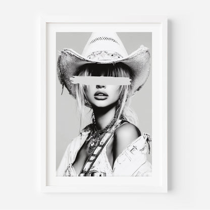 Add edge to your space with painted secrets, a luxury black-and-white cowgirl portrait blending western grit with fashion-forward allure.