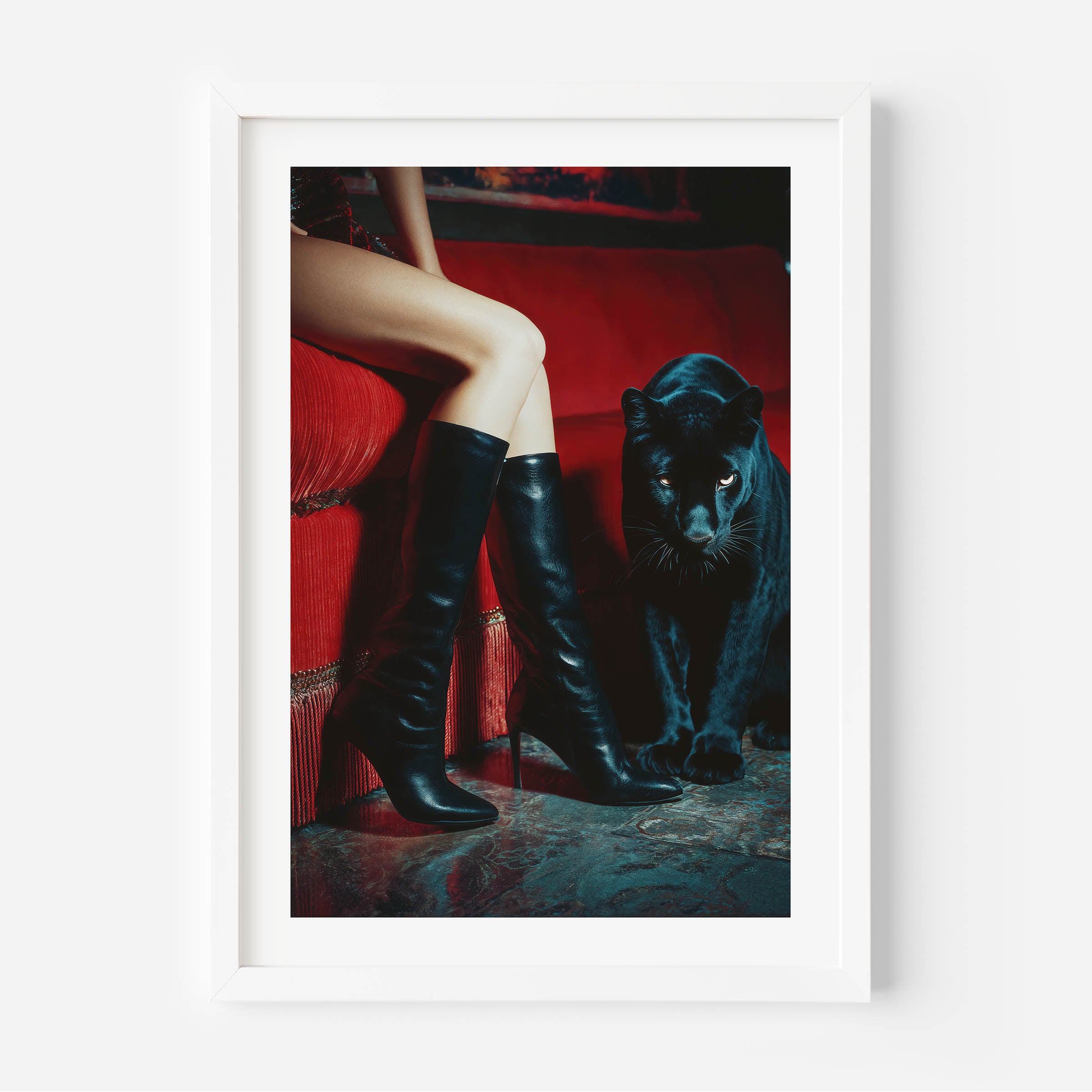 Luxury art print featuring a black panther and woman in boots on a red velvet sofa. Bold, sensual, and stylish wall art for modern interiors.