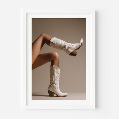 Add western-chic luxury to your walls with White Heat, a fine art print featuring ivory cowboy boots in a high-fashion composition.