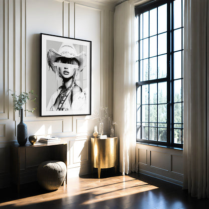 Add edge to your space with painted secrets, a luxury black-and-white cowgirl portrait blending western grit with fashion-forward allure.