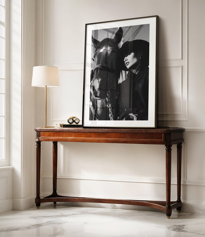 Elevate your space with Shadows of the West, a dramatic black-and-white cowboy and horse portrait. A timeless fine art print for western and equestrian enthusiasts.