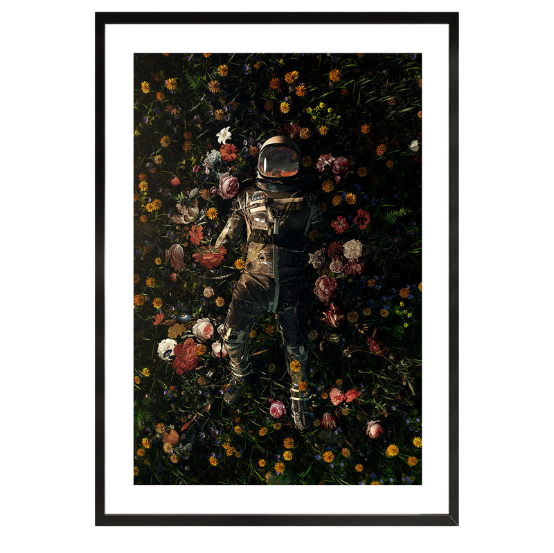 poster of an astronaut in a field of flowers