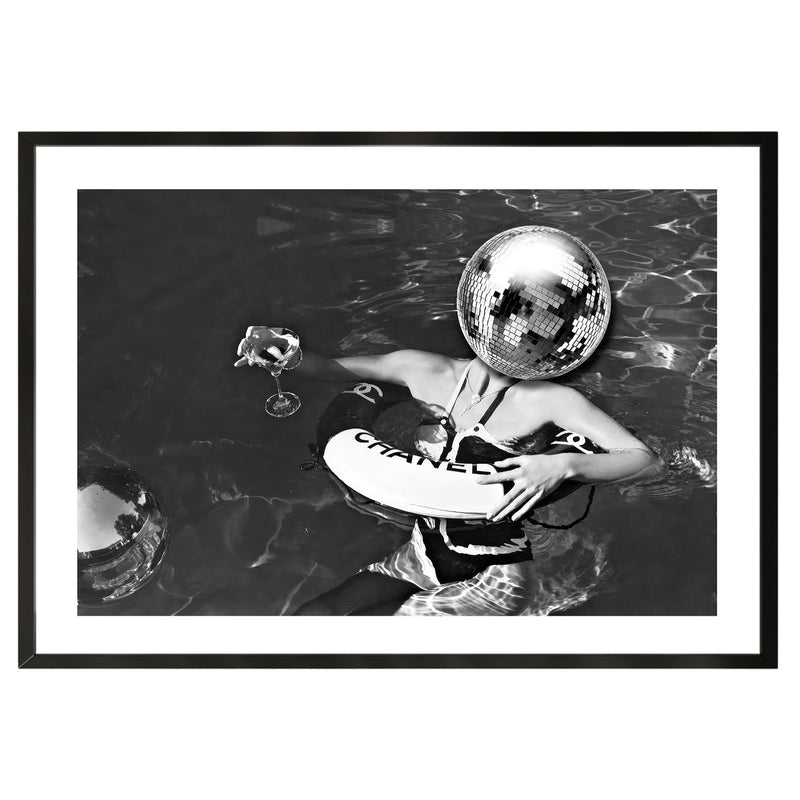 black and white poster of Kendall Jenner in a pool with a Chanel pool toy, wall art, poster, print, interior design