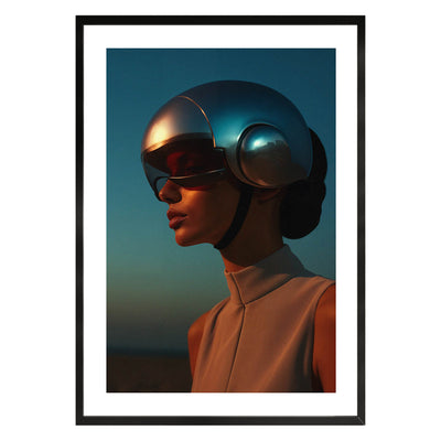 fine art poster of a woman with a futuristic helmet with retro vibes poster/ wall art