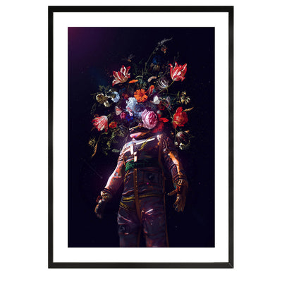 poster of an astronaut with flowers