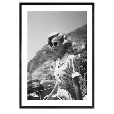 retro sixties black and white poster of a woman in Amalfi, Italy