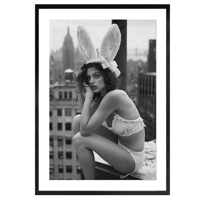 black and white poster of a playboy model on a new york rooftop, wall art, home decor