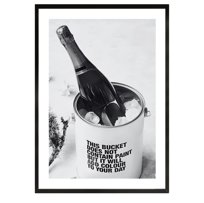 black and white poster of a champagne bottle with a funny quote on it