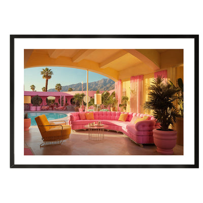 art print of a pink villa in palm springs inspired on the movie "barbie" wall art, posters, home decor, prints
