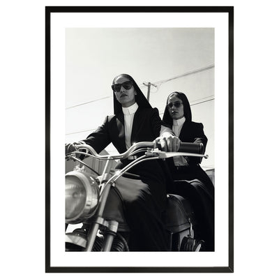 Fine art print of 2 cool nuns riding a motorbike. Black and white wall art/ poster