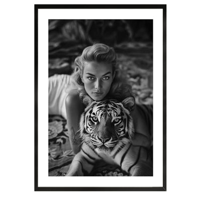 black and white poster of a sixties photograph of a woman and her tiger