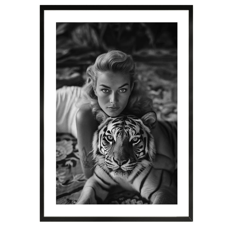 black and white poster of a sixties photograph of a woman and her tiger