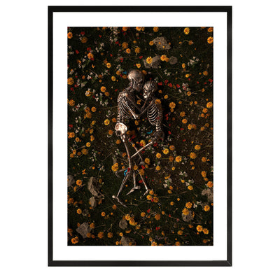 2 skeletons laying in a field of flowers poster wall art