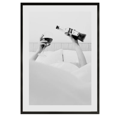  black and white poster of a woman drinking aperol in bed poster, home decor