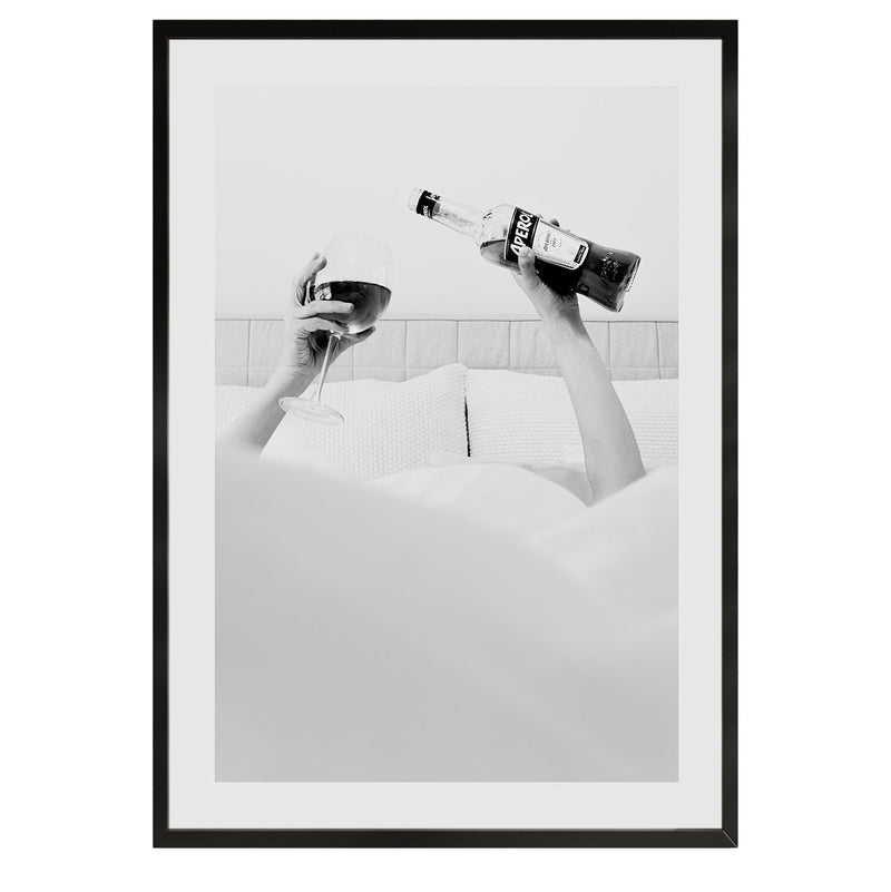  black and white poster of a woman drinking aperol in bed poster, home decor