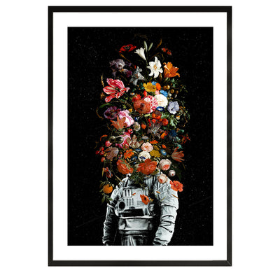 poster of an astronaut with flowers on hes head