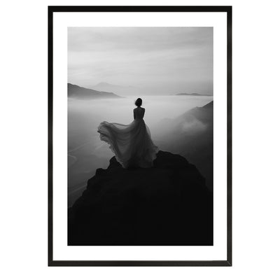 Black and white poster/print of a woman on top of a mountain. Fine Art wall art