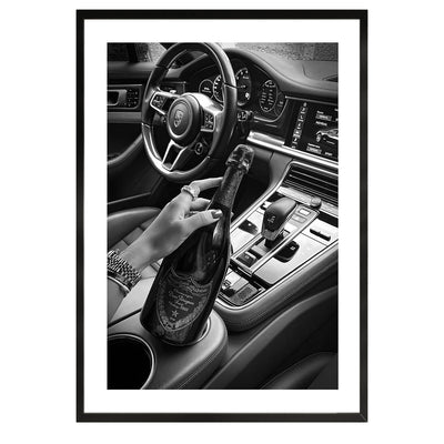 dom perignon and porsche black and white poster, wall art, painting, wall decor