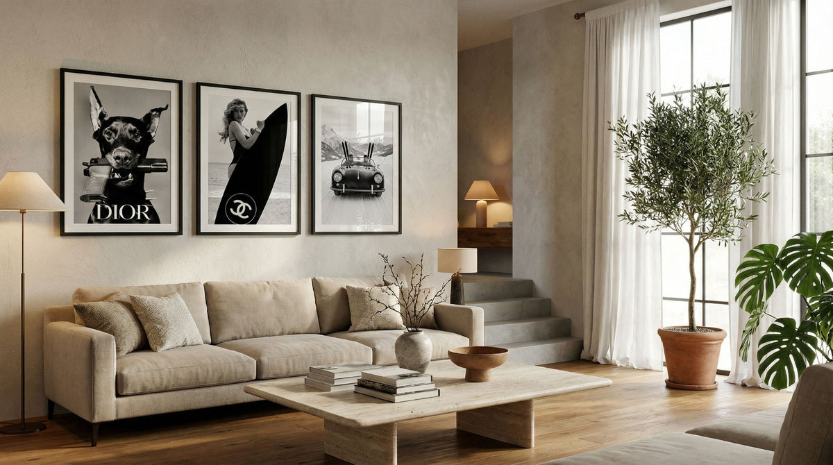 Modern living room with a beige sofa, coffee table, and decorative items.