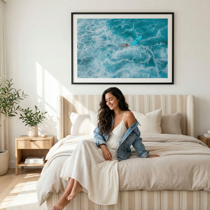 fine art print of a surfer in the blue ocean wall art, posters, home decor