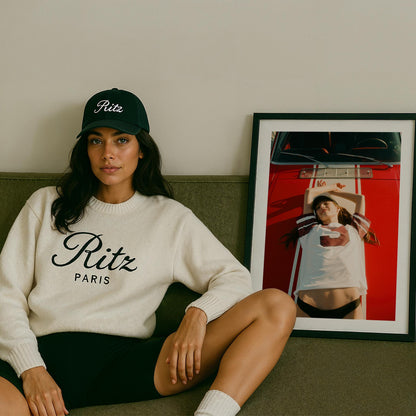 Fine art wall print of a young woman lying on a red car, evoking nostalgic teenage summer memories and carefree youth.