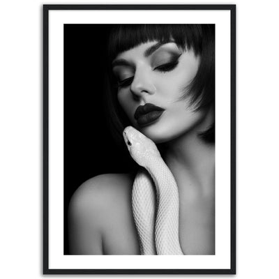 black and white poster/wall decor, portrait of a woman holding an albino snake. Percect wall art to decorate your home or office space.