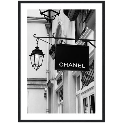 black and white poster of a chanel store front in Pzaris, France